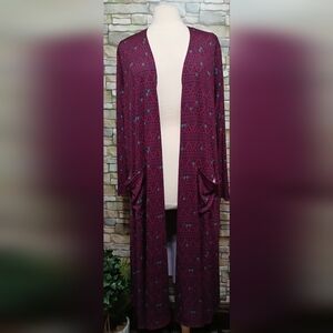 LuLaRoe Sarah Duster Cardigan XL Red Blue Long Open Front Pockets